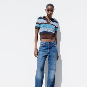 Zara Pointelle Knit Polo Top NWT